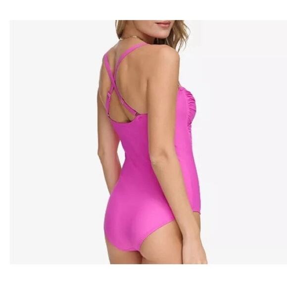 DKNY One Piece Pink Large Swimsuit Ruched Tummy Slimming Crossback Padded Bra - Picture 8 of 10